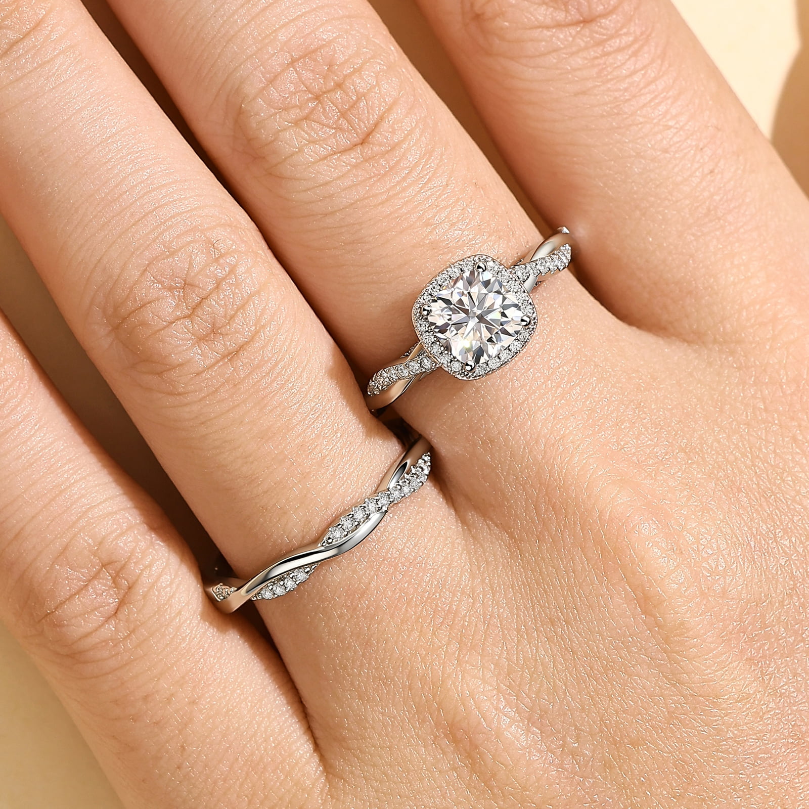Newshe Jewellery 2.5 Carat Moissanite Wedding Ring Sets Twisted Band Cushion Round Infinity Bridal Rings for Women Size 6