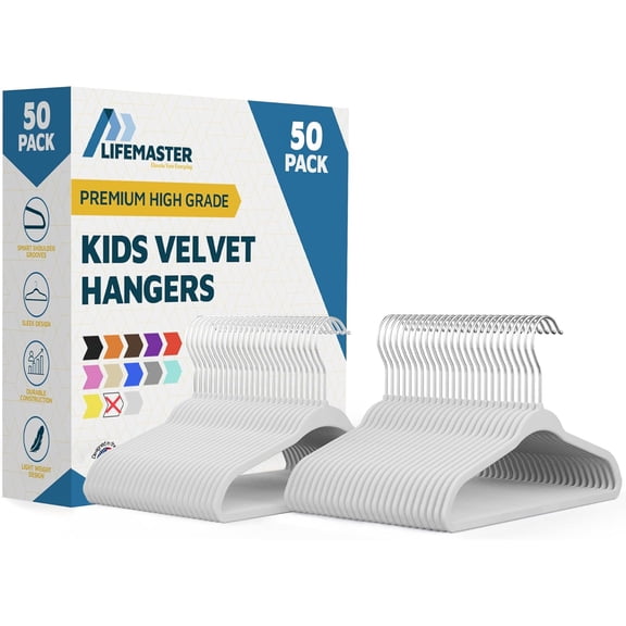 Lifemaster Velvet Kids Hangers, 50-Pack Non-Slip Baby & Toddler Clothes Hangers, Slim Space-Saving with Swivel Hook, White