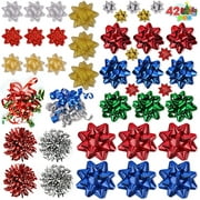 Homify 42 Pcs Christmas Assorted Gift Bows with 36 Multi-Colored Assorted Size Self Adhesive Gift Bows, 2 Curly Bows and 4 Tinsel Bows for Gift Wrapping, Christmas Wrapping Ribbon (4 Sizes)