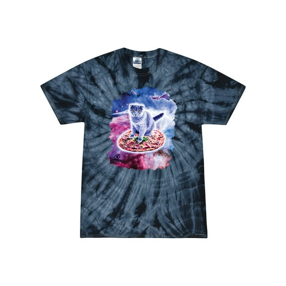 Wild Bobby, Cute Trippy Space Cat Riding Pizza, Animal Lover, Tie-Dye Tees, Spiral Navy, Large