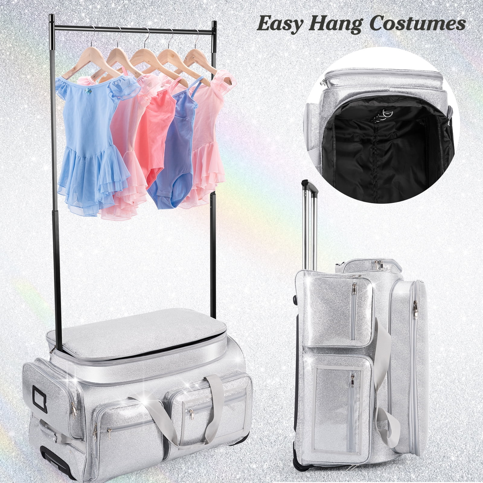 Dance Bag with Garment Rack, Glitter Silver 28" Dance Competition Must Haves Garment Bags for Travel, Costumes Rolling Garment Bag For Travel Collapsible Suitcase for Dancers Performers Recital