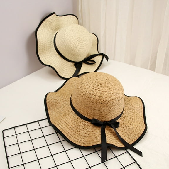 Visland Women Bowknot Straw Weave Wavy Wide Brim Sunscreen Outdoor Beach Sunhat Cap Hat