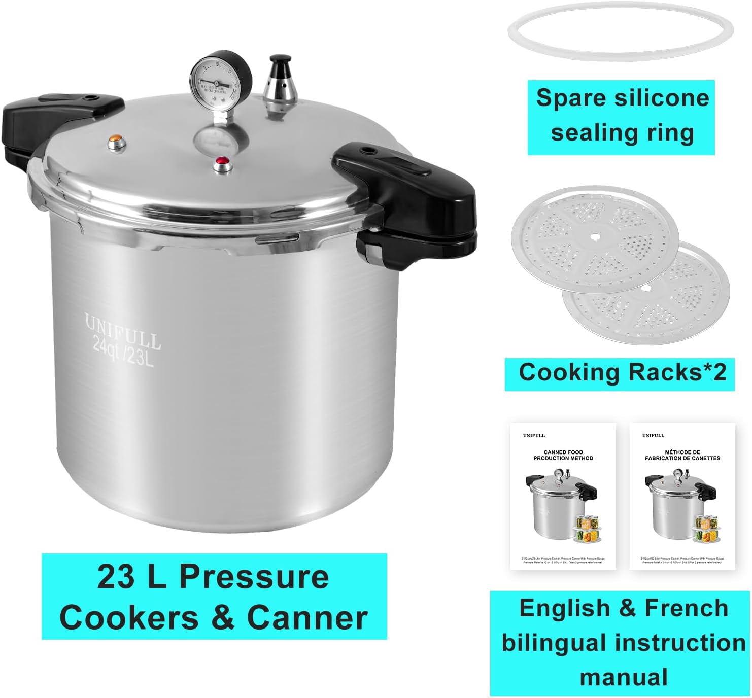 UNIFULL 24 Quart/23 Liter Pressure Cooker,Pressure Canner with Pressure Gauge,Pressure Relief Valve - 14 PSI,and Sealing Ring