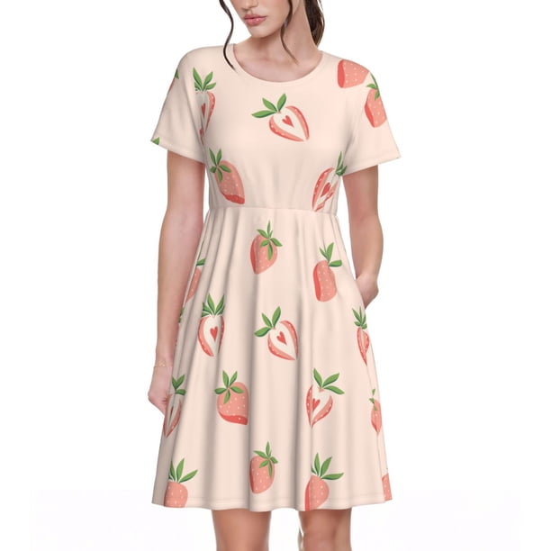 Disketp Strawberries para Vestido de Manga Corta para Mujeres, Vestidos de Verano para Mujeres, Casual y Holgado para la Playa