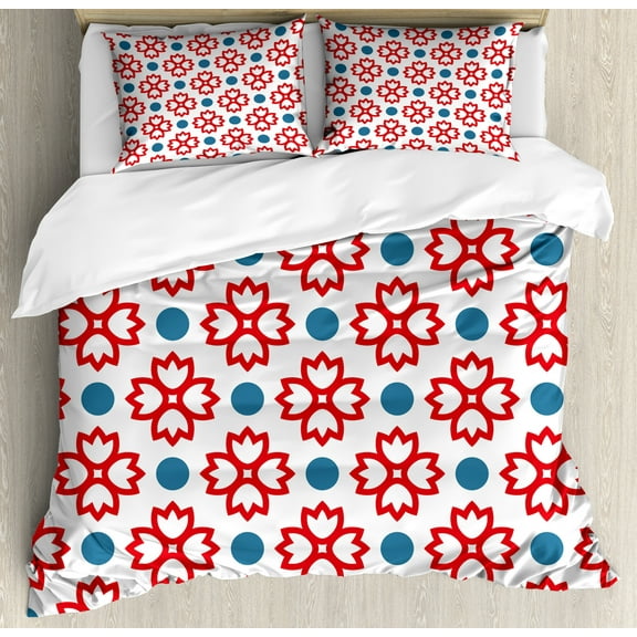 Floral Duvet Cover Set, Abstract European Traditional Polka Dots Symmetrical Natural Inspiration, Decorative 3 Piece Bedding Set with 2 Pillow Shams, Queen Size, Slate Blue Red White, by Ambesonne