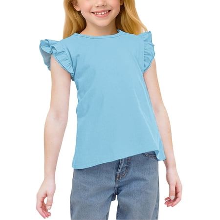 Efsteb Girls Fashion Summer Girls Shirts Cute Ruffle Sleeve Crew Neck Casual Tshirt Solid Color Comfy Tops (Blue 12 Years)