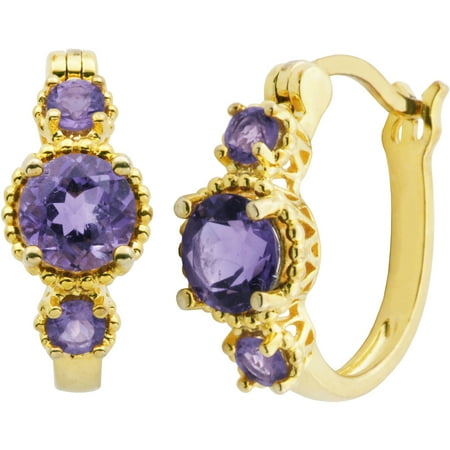 Gold Genuine Amethyst Earring - 1.65 Carat T.G.W. Genuine African Amethyst 18kt Yellow Gold over Sterling Silver 3-Stone Hoop Earrings