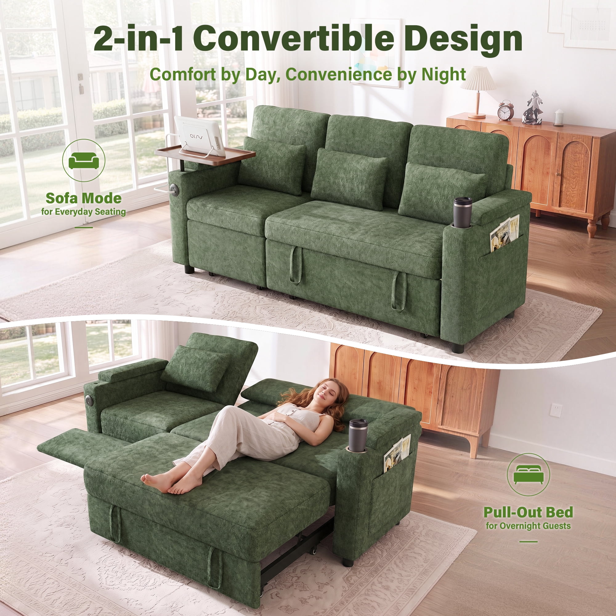 Aukfa 81" Convertible Sleeper Sofa,Chenille 3-in-1 Sofa Bed with Recliner,Center Table,USB Ports & Storage Armrests,Green