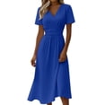 thumbnail image 3 of Bxsruta Women's Wrap V Neck Short Sleeve Midi Dress A Line Flowy Waist Defining Casual Party Dress with Stretchy Comfortable Fit for Summer Spring Breathable Fabric, 3 of 8
