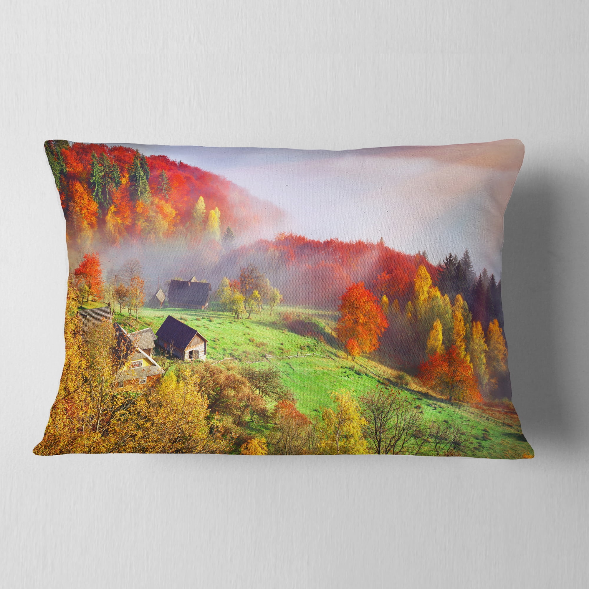 Designart Colorful Mountain Village - Landscape Photo Throw Pillow - 12x20
