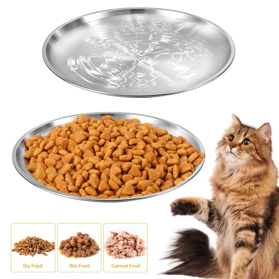 2Pcs Stainless Steel Cat Dishes, Wide Whisker Friendly Cat Shallow Food Bowl, 6.7" Flat Pet Plate for Small Pets Wet & Dry Food and Water Bowls