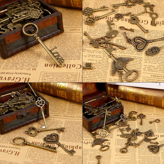 69 Uds. Surtido de llaves de esqueleto de bronce antiguo Vintage joyería de lazo de corazón elegante