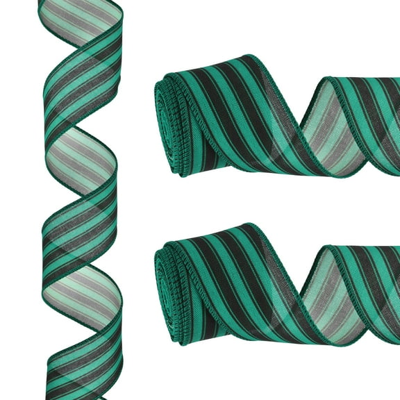 12 Yards x 2" Striped Ribbon Green and Black Wired Ribbon Linen Gift Wrapping Ribbon for Christmas Craft Birthday Wedding Festival Wreath