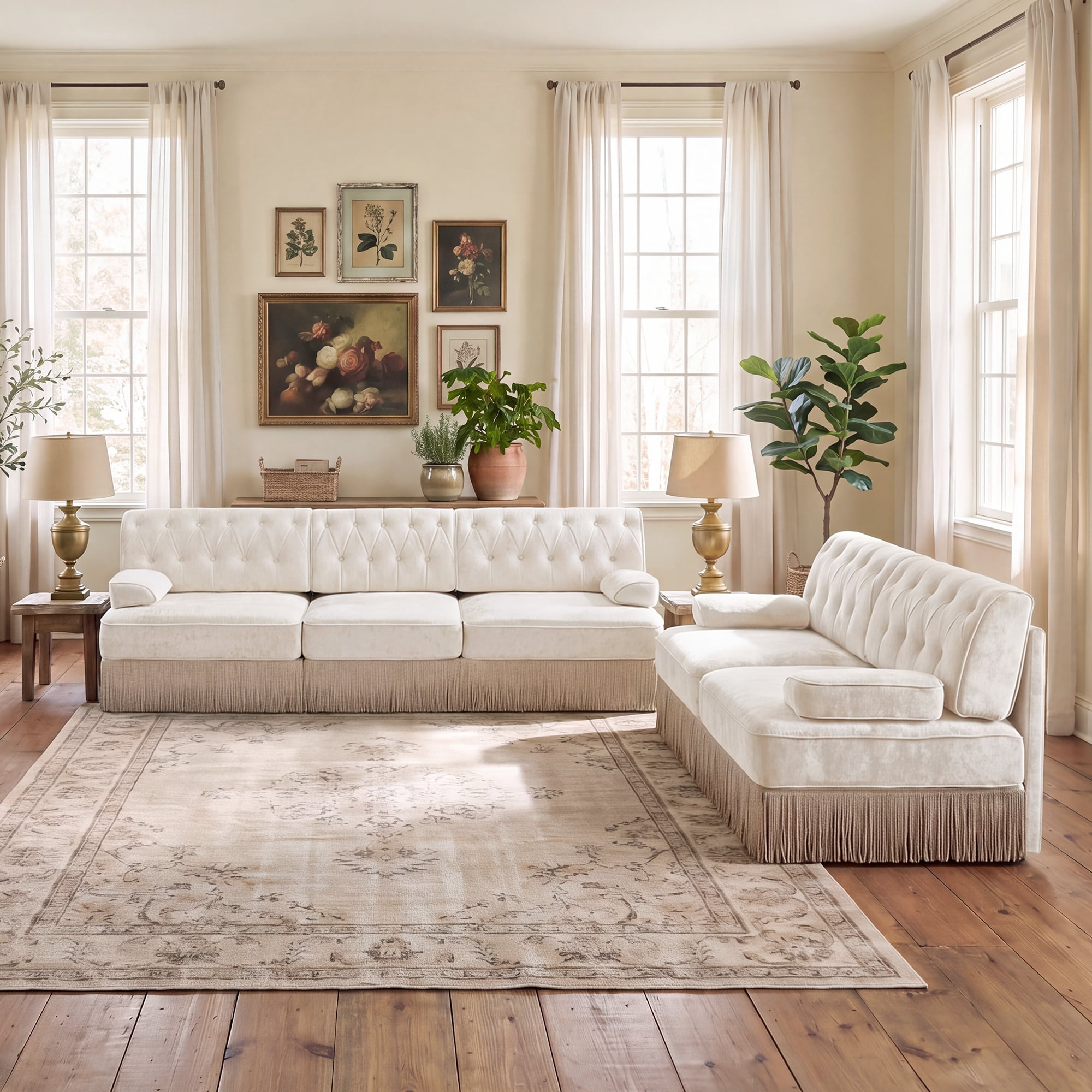 2‑Piece Sectional Sofa Set, 1 Pcs Loveseat & 1 Pcs 106" 3‑Seater Sofa Couch Set with Tassel Skirt