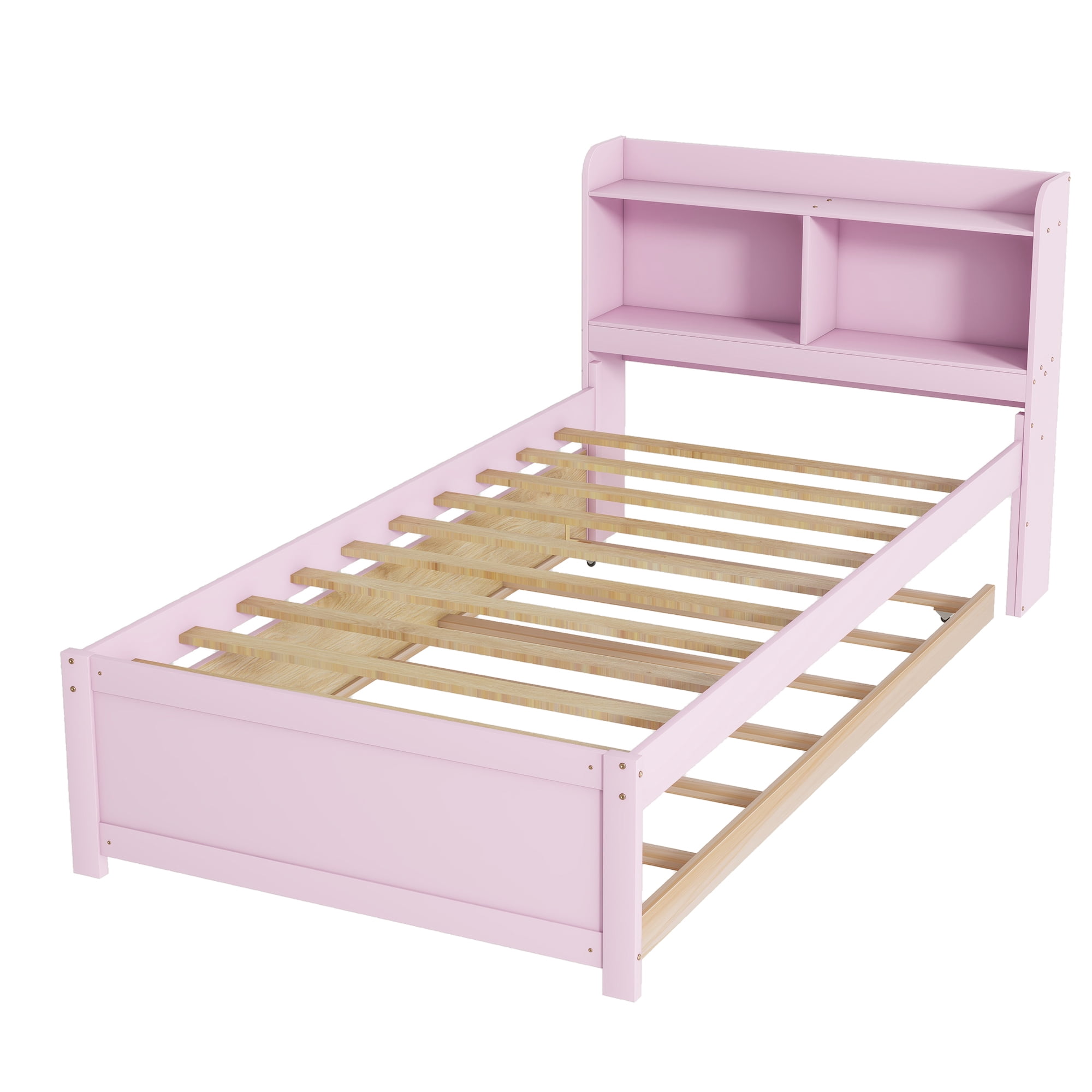 Miniyam Twin Size Bed with Trundle & Bookcase Headboard for Kids,Pink