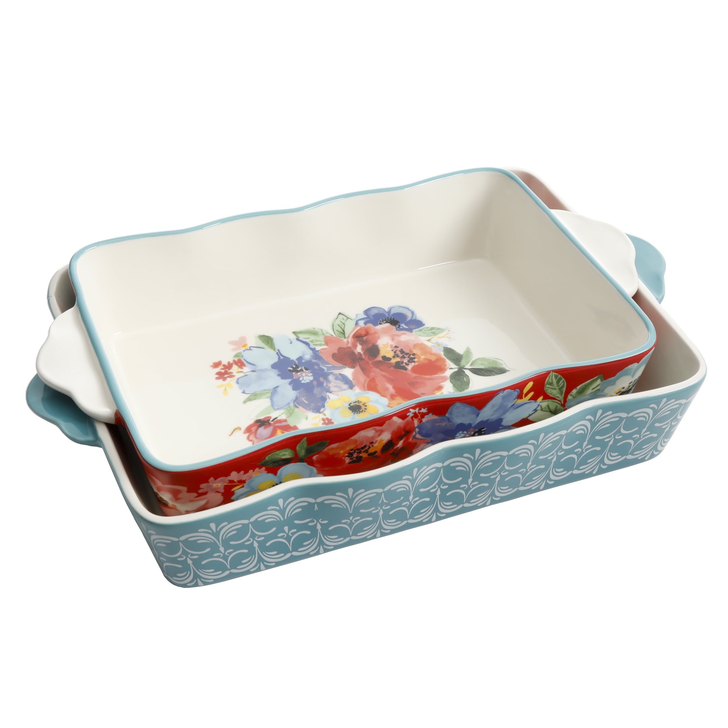 The Pioneer Woman Cheerful Rose 2-Piece Rectangular Ceramic Holiday  Bakeware Set