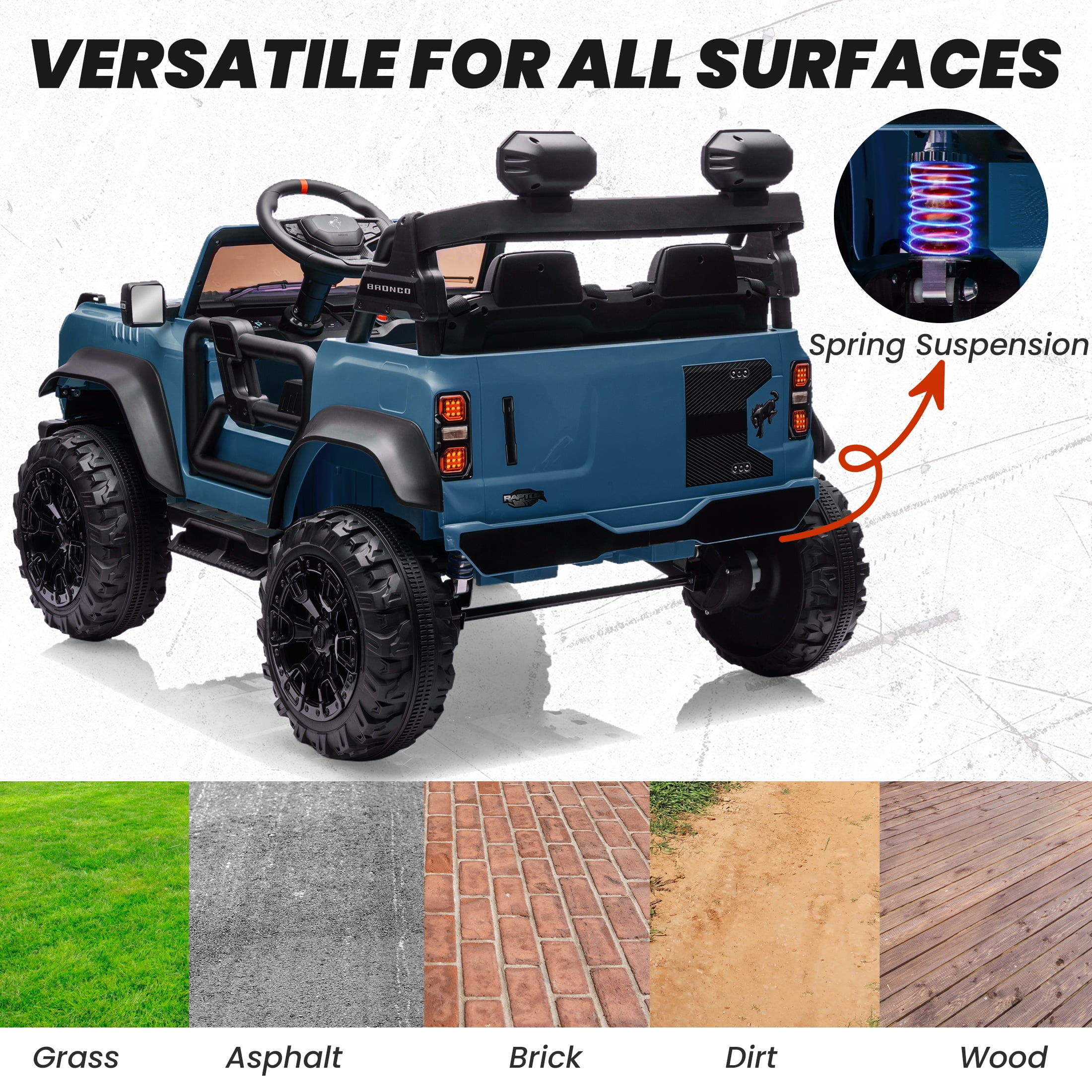 24V 2 Seater Ride on Cars for Big Kids, Licensed Ford Bronco Raptor Powered Ride on Toy Truck with Remote Control, Spring Suspension, Bluetooth, LED Light, Electric Car for Kids 3-8 Boys Girls, Blue