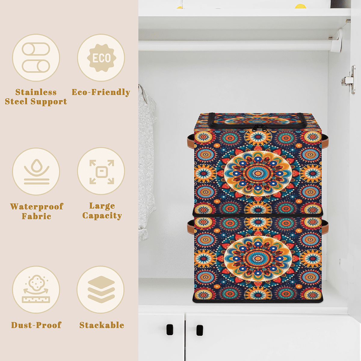 ADECORIVY Tribals Flower Circle Mandala Fabric Storage Bin with Lid, Decorative Closet Shelf Organizers, Foldable Basket Box Clothes Storage Bin with Handles