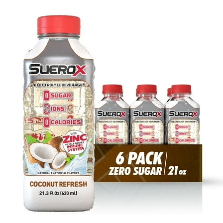 SueroX Zero Sugar Electrolyte Drink for Hydration and Recovery, Coconut Refresh, 21 oz , (6 Pack)
