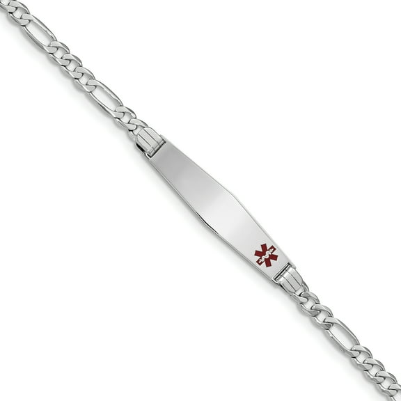 14K White Gold Medical Soft Diamond Shape Red Enamel Figaro Link ID Bracelet