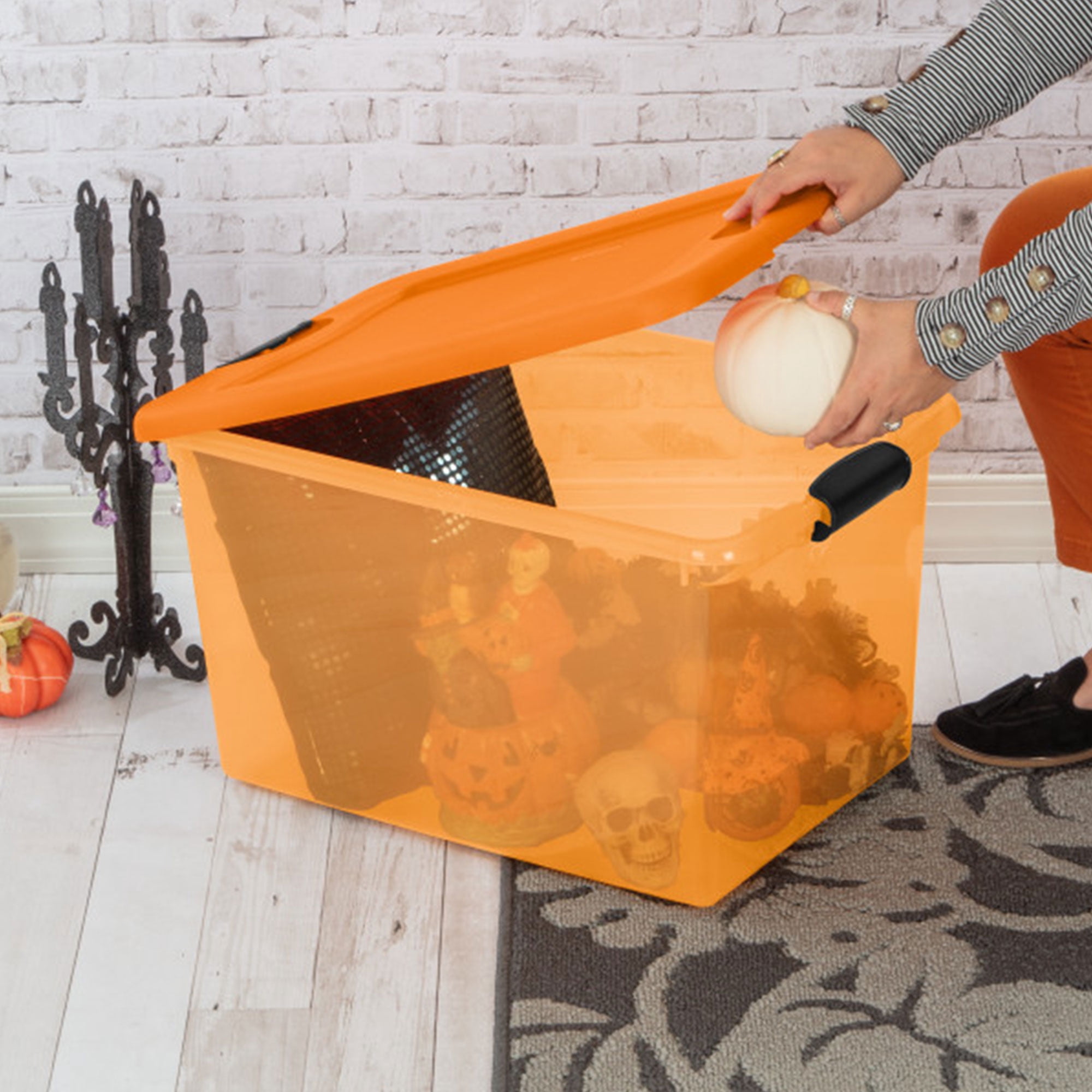 Sterilite Orange 64 Qt Latching Plastic Storage Box Container Tote, 18 Pack