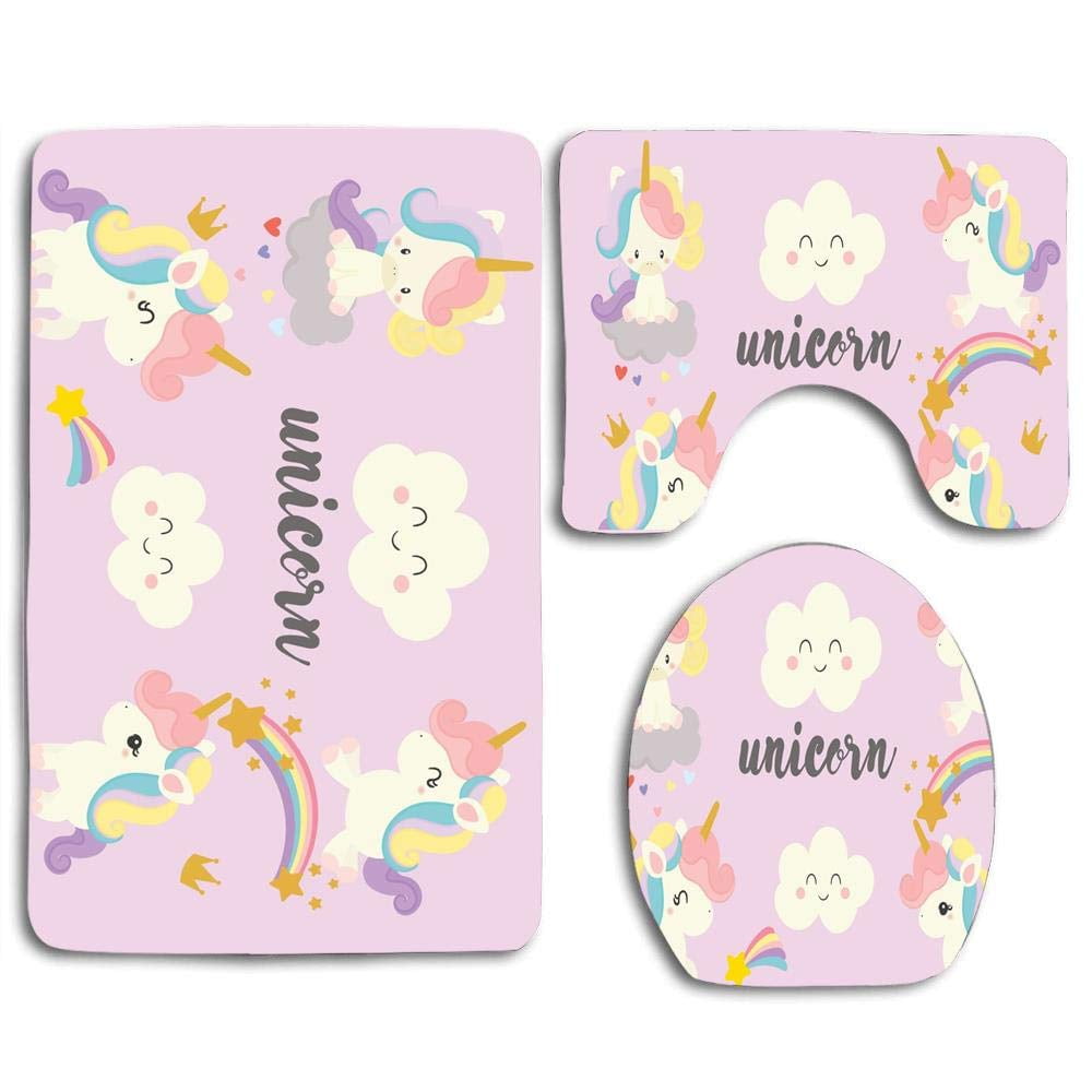 CHAPLLE Cute Unicorn Rainbow 3 Piece Bathroom Rugs Set Bath Rug Contour