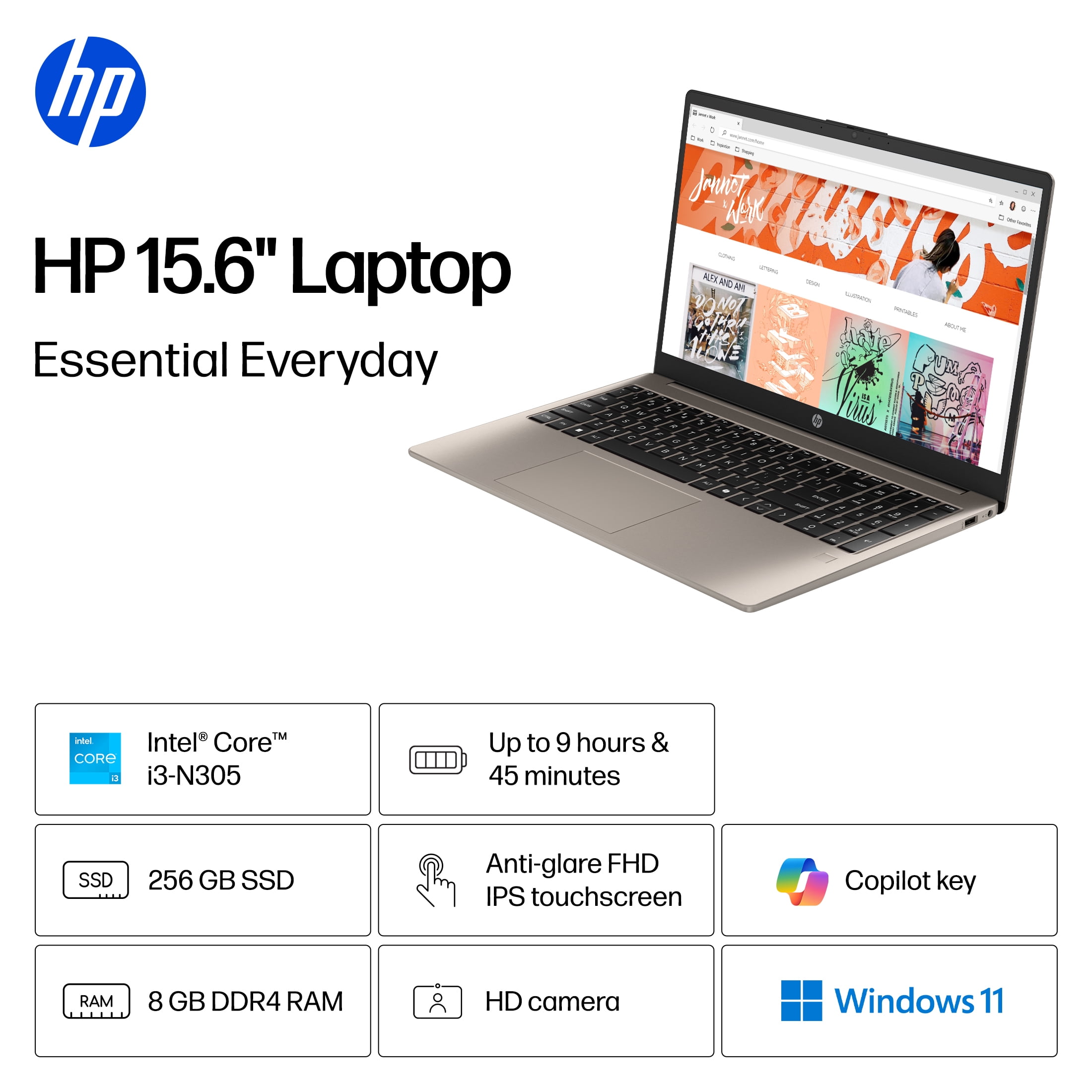 HP 15.6 inch FHD IPS Touch Windows 11 Laptop Intel Core i3-N305 8GB 256GB SSD Cozy Cashmere