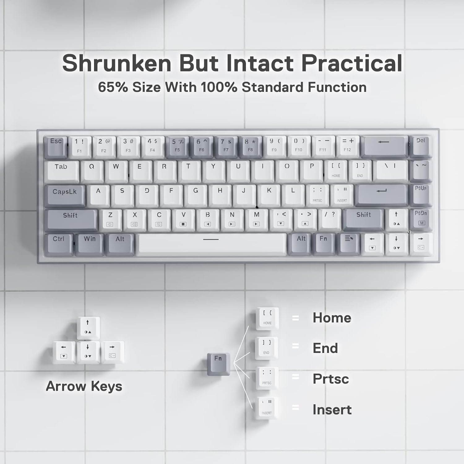 Redragon K631 Gery 65% Wired RGB Gaming Keyboard, 68 Keys Hot-Swappable Compact Mechanical Keyboard