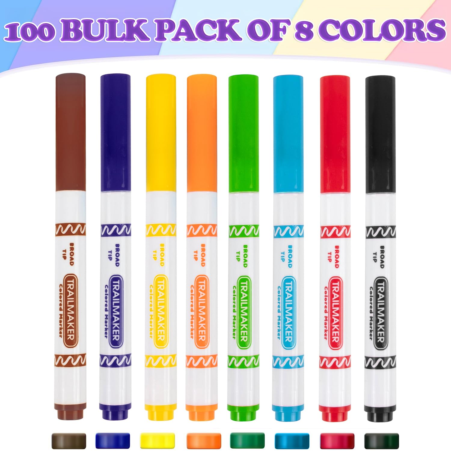 100 Pack of Bulk Wholesale Broad Line Washable Coloring Markers Containing 8 Markers Each Pack in Multiple Colors Total 800 Markers Total