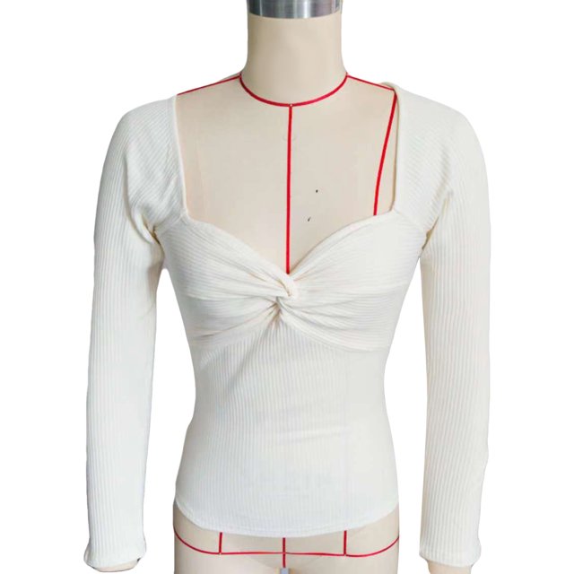 Blusa de punto acanalado de manga larga, blusa de mujer de manga larga con corte ajustado y parte delantera torcida, camisa de color liso de manga larga Lograr más