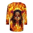 thumbnail image 4 of Tops for Women Plus Size Day Of The Dead Printed 3/4 Sleeve Round Neck Three Quarter Sleeve T-shirt Loose Round Neck Top Multicolor3 XXXL, 4 of 5