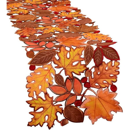

Embroidered Leaves Table Runner for Thanksgiving Fall or Autumn Harvest Decorations (14 × 88 inches)