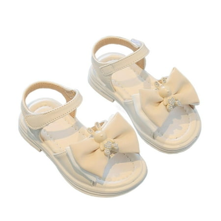 

Celiean Girls Fashion Princess Sandals Summer Korean Edition Baby Soft Sole Cute Bow Beach Shoes Beige 4-5Y