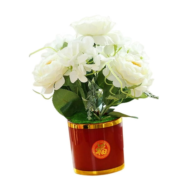 Ramo de rosas artificiales sedosas en maceta, arreglo floral tipo bonsái. Blanco