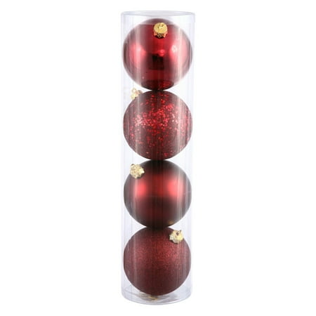 Vickerman 4.75" Burgundy 4-Finish Ball Ornament Assortment, Set of 4