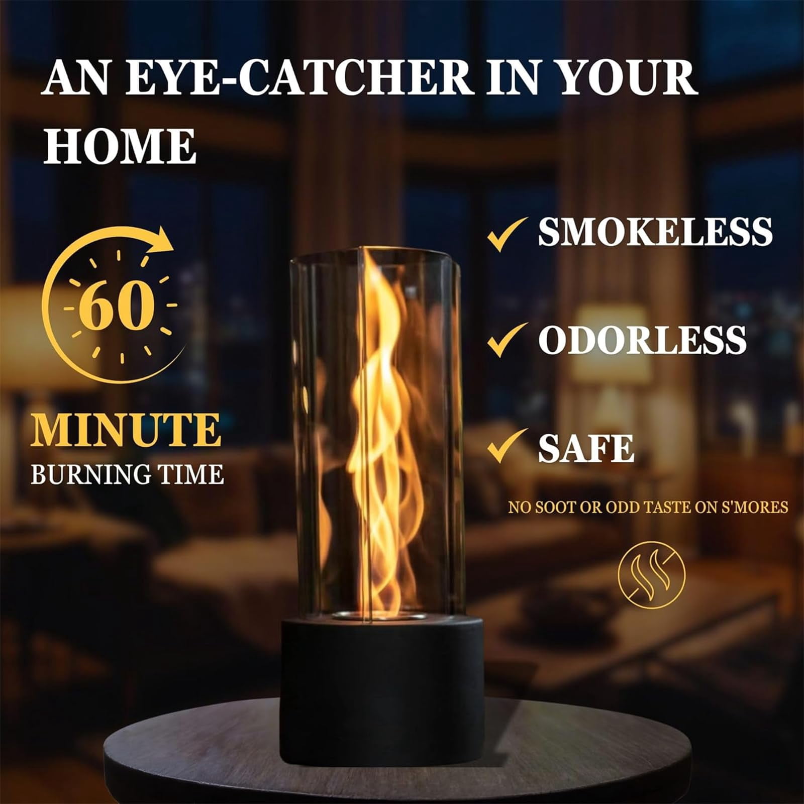 KORNIFUL Tabletop Fire Pit, Tornado Spiral Flame Fireplace with Windproof Tempered Glass, Portable Indoor & Outdoor Fire Feature, 15.7" Black