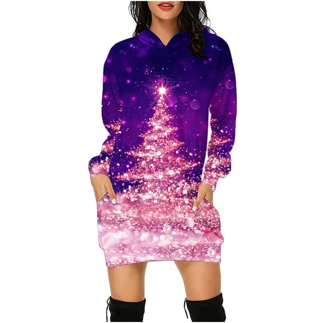 FcBaudy Robe à Capuche, Robes de Printemps pour Femmes, Robes pour Femmes Mode Féminine Robe à Manches Longues à Capuche à Enfiler avec Poche Robe Mince à Imprimé Robe Femme