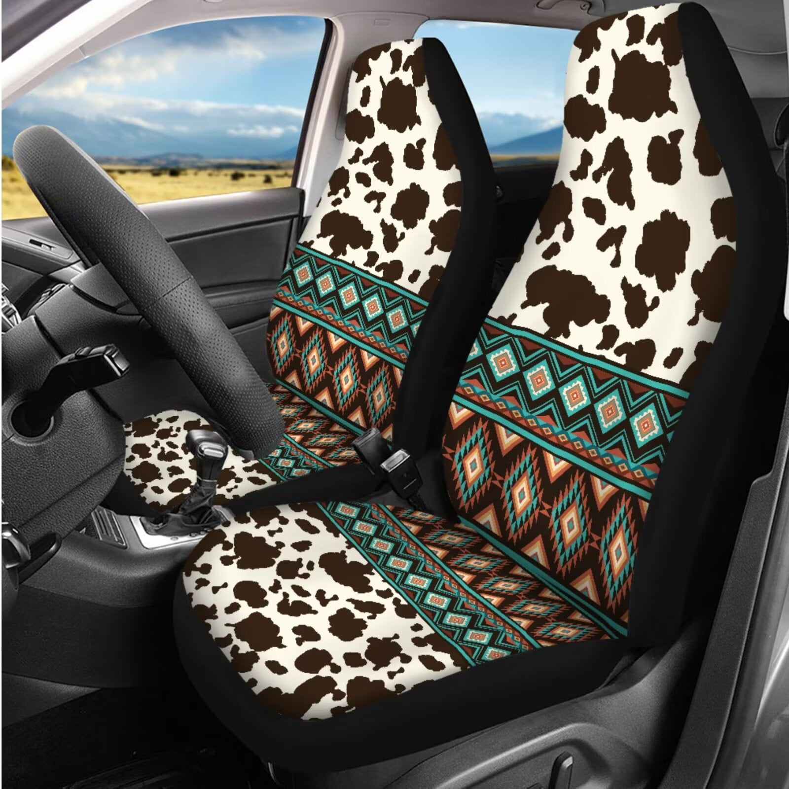 Yuyamidu Cow Print Car Seat Cover Full Set of 14 Southwest Aztec Steering Wheel Cover Seat Belt Covers Center Console Pad Cup Holder Headrest Covers Key Chain