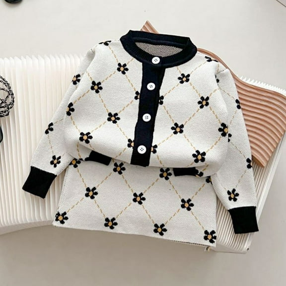 GBSYEWXS Children Girls Outfits Sets 2Pc Crew Neck Long Sleeve Flower Print Sweater Skirt Fashion Outfit Set White Size 3-4 T
