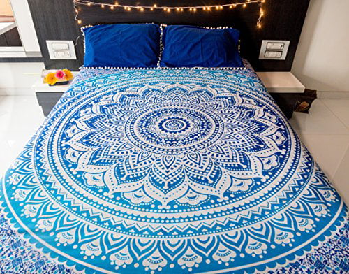 Indian Mandala Tapestry Hippie Wall Hanging QueenSize Bedspread with 2 pc Pillow 