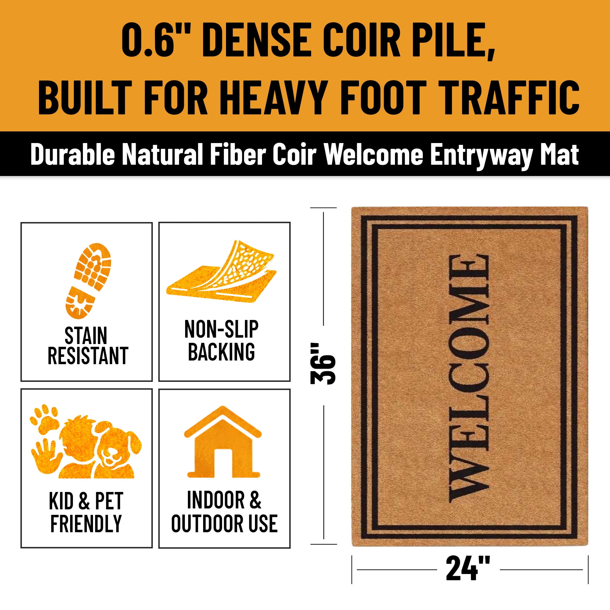 Ottomanson Coir Welcome Mat, Non-Slip Outdoor Doormat, Weather-Resistant, 24" x 36"