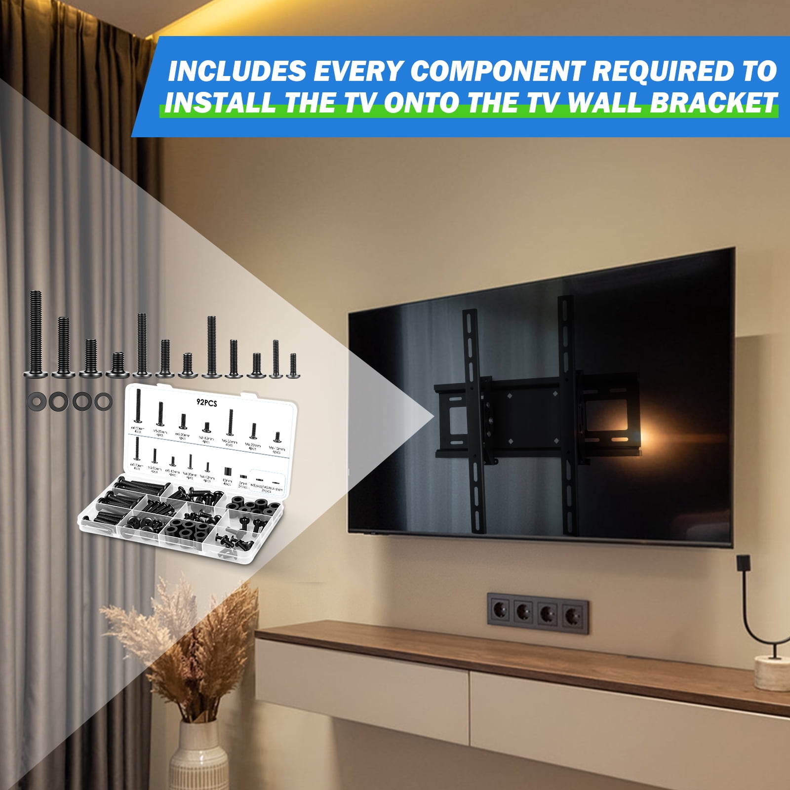 184Pcs Universal TV Mounting Hardware Screw Kit Set with Box - M4 M5 M6 M8 Metal Bolt Washer and Spacer Set for Most TV and Monitor