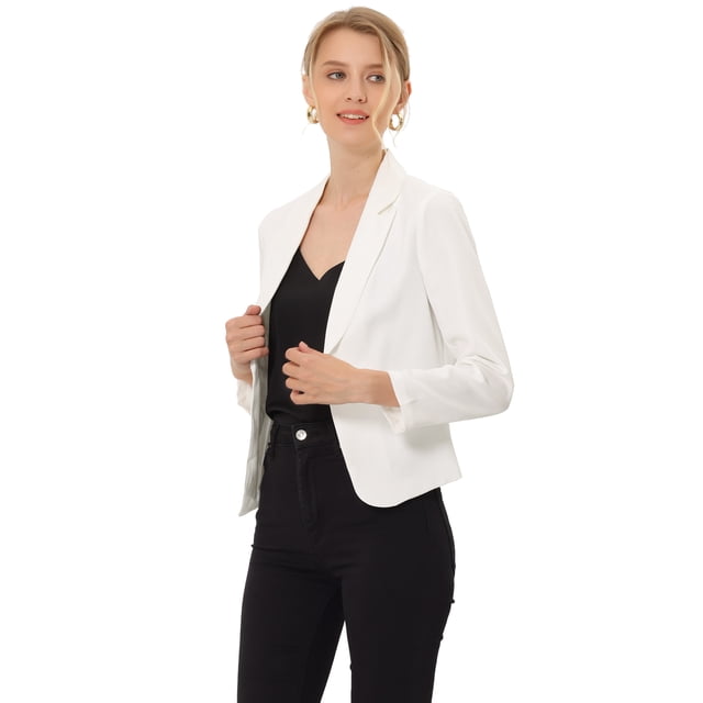 Chaqueta abierta de la chaqueta del traje de la cosecha del trabajo de la oficina del frente de las mujeres Blanco Sólido S