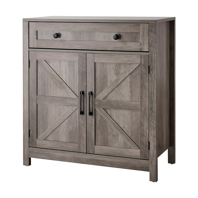 KFFKFF Coffee Bar Cabinet, Farmhouse Coffee Bar Table with Drawer, Buffet Stand Cabinet with 2 Barn Doors, Sideboard Buffet Station, Grey