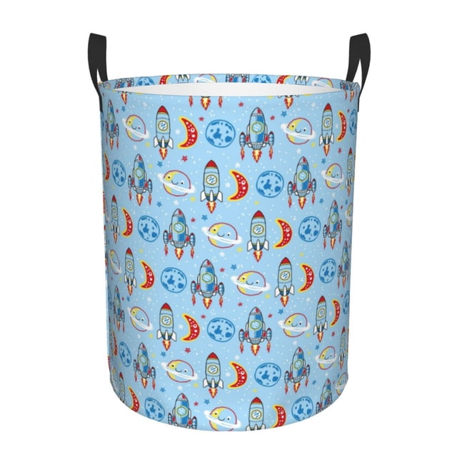 Balery Cartoon Rocket With Space Cesta de ropa redonda con asas, impermeable, independiente, para ropa, juguetes, dormitorio y familia-Small