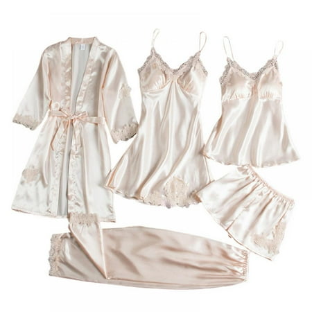 

Baywell Women Sexy Pajamas Set Silk Satin Lace Sleepwear Cami Robe Shorts Summer Pjs Sleepwear 4 Piece Lingerie Short Beige L