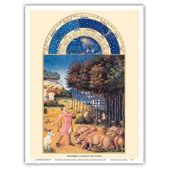 November: Gathering the Acorns - Book of Hours (Très Riches Heures) - Vintage Illuminated Manuscript by Jean Colombe c.1400 - Master Art Print (Unframed) 9in x 12in