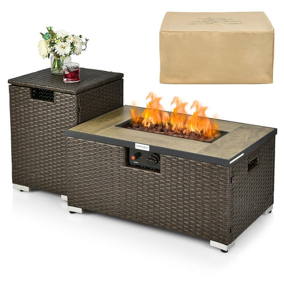 Costway 32"x 20" Propane Rattan Fire Pit Table Set w/ Side Table Tank & Cover 40,000 BTU