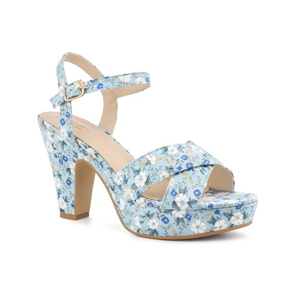 BLISSFUL STEP Women's Shoes Floral Pattern Platform Chunky Heel Open Toe Slingback Buckle Strap Sandals Blue 7.5