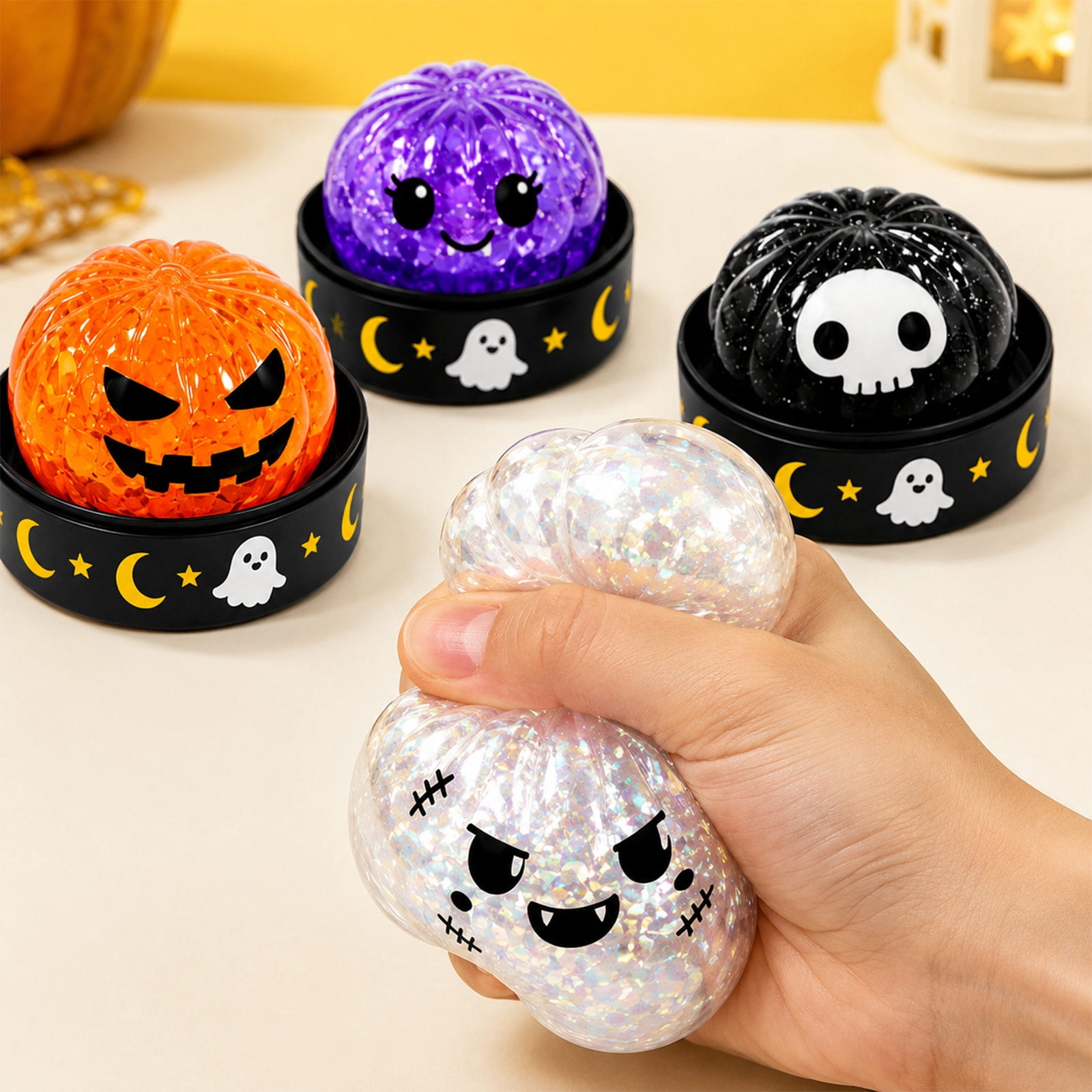 Halloween Mystery Blink Box Stress Ball Toy, Glitter Filled Dumpling Squishy Toys Spooky Eyeball Ghost Design, Anti Anxiety Fidget Toy Holiday Stocking Stuffers A4-1PC